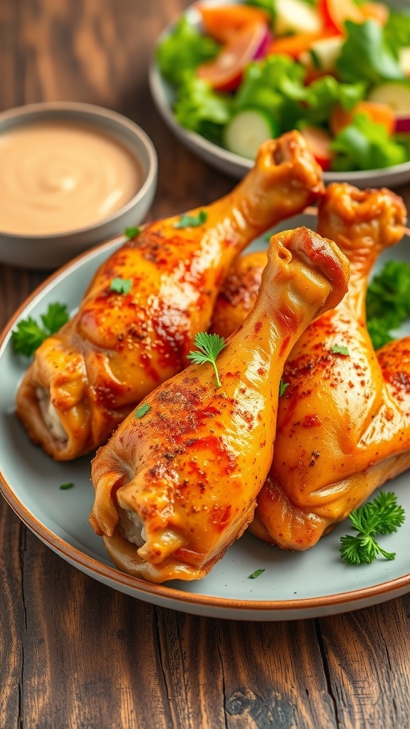 Baked chicken drumsticks seasoned with spices, served on a plate with parsley and dipping sauce.